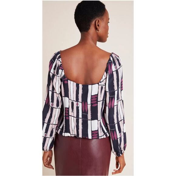 Anthropologie The Odells Eloise Purple Abstract Elastic Waist Blouse Size Small - Picture 3 of 9